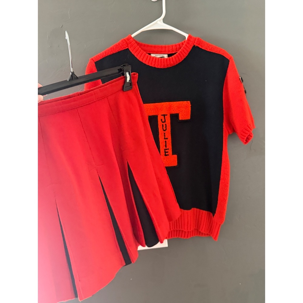 Vintage 70s Retro Dehen Knitting Red Black Cheerleader Uniform Sweater Skirt M‎